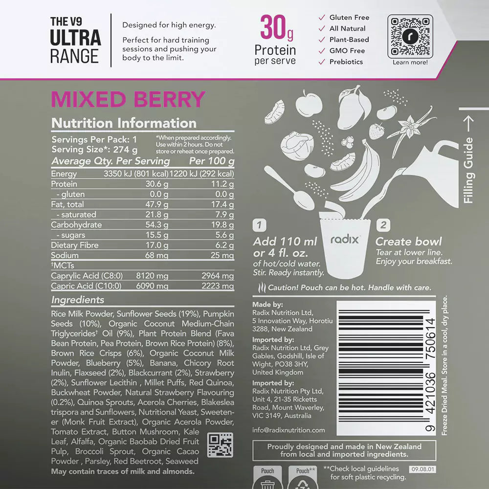 Radix Nutrition Mixed Berry Breakfast nutritional information