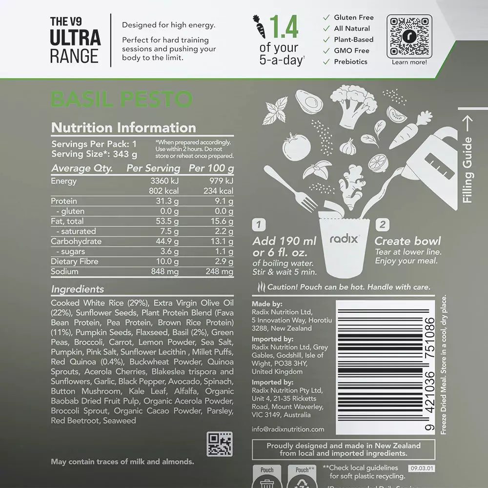 Radix Nutrition Basil and Pesto nutritional information