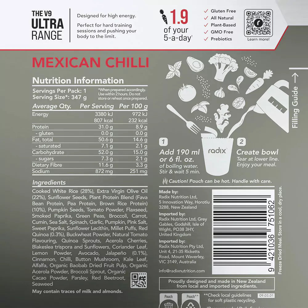 Radix Nutrition Indian Mexican Chilli nutritional information